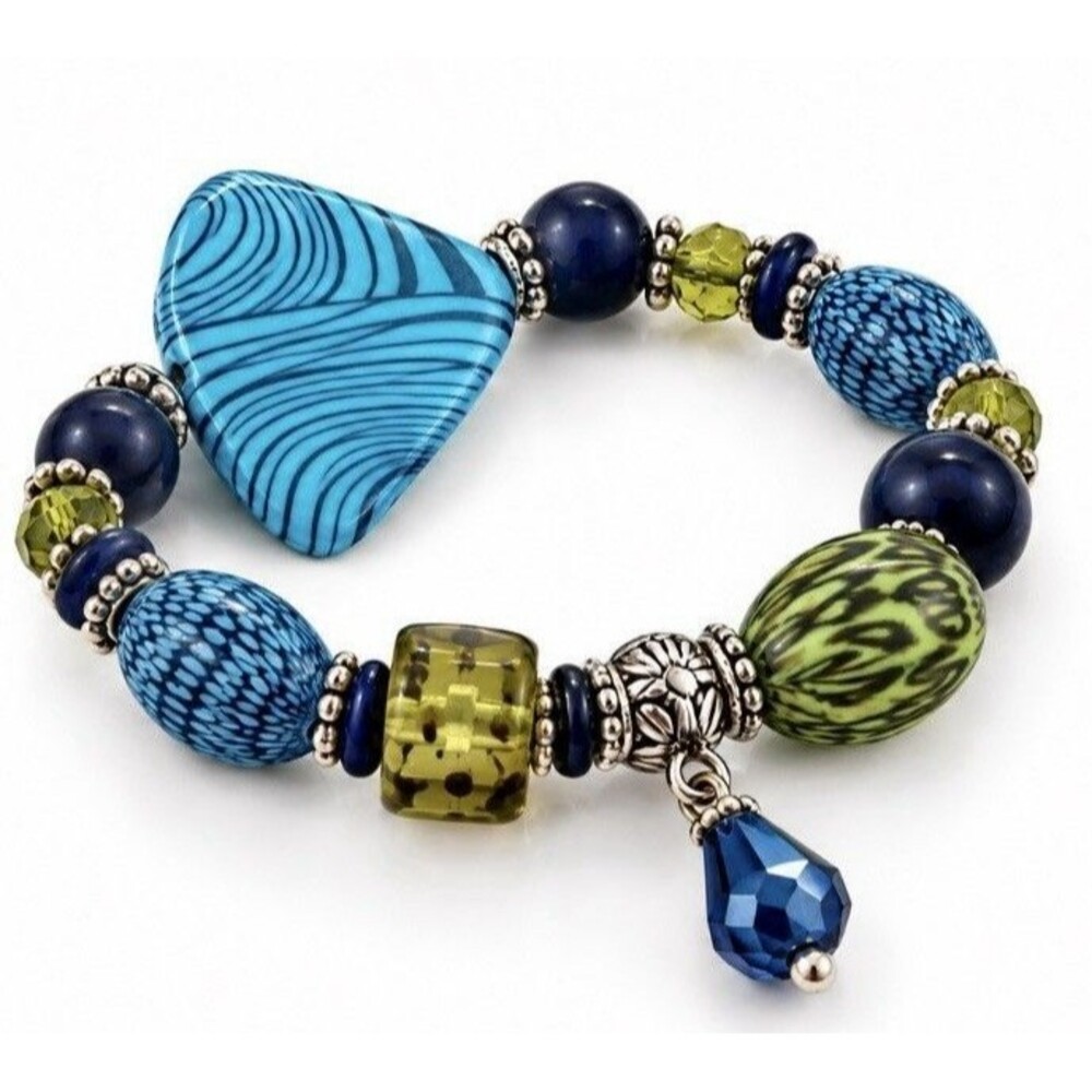 Handcrafted Artisan Beaded Bracelet Blue Green Stretch Statement Jewelry Boho